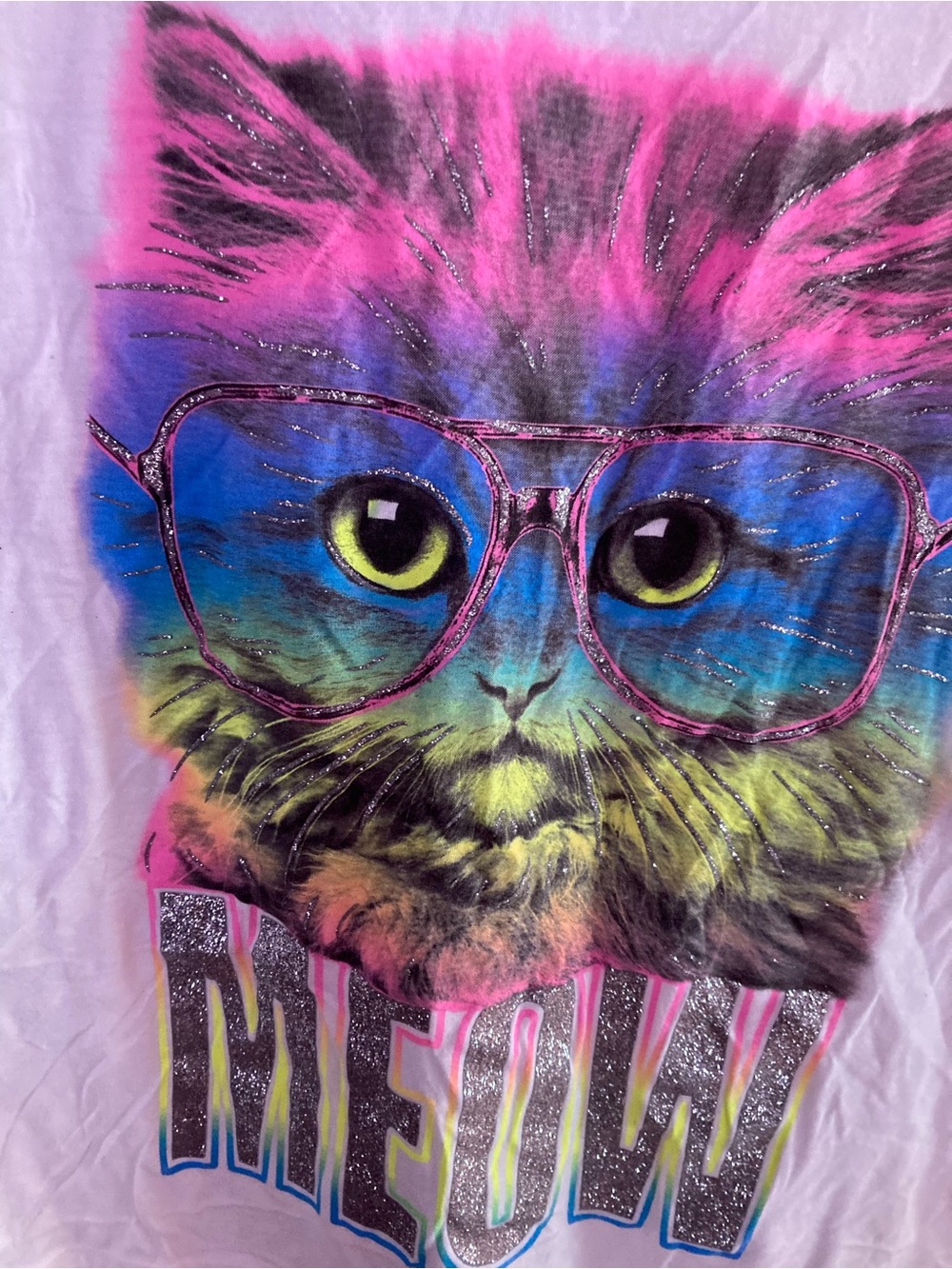 Graphic Rainbow Cat 'MEOW' Short Sleeve Tee - Pink Blue Green